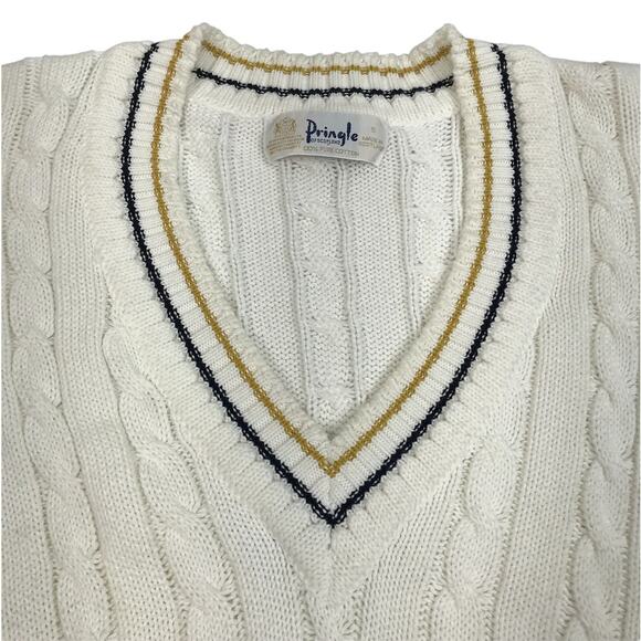 PRINGLE Of Scotland V-Neck Fisherman Sweater Sz S Ivory Golf Tennis Timeless EUC - Picture 4 of 9
